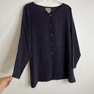 Eileen Fisher 100% Silk Plum Button Down LS Blouse Side Slits Band Collar S/M